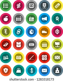 White Solid Icon Set- kettle vector, cook timer, thermometer, bbq, archive, gold ingot, dollar shield, diet, snickers, heart monitor, wood box, no hook, barcode, loudspeaker, tv, link, gender sign