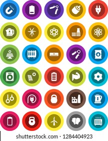 White Solid Icon Set- kettle vector, atom, magnet, weight, hand trainer, muscule, boxing glove, gymnast rings, oil barrel, battery, rca, gear, solar panel, windmill, air conditioner, factory, heater