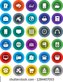 White Solid Icon Set- kettle vector, mixer, copybook, glasses, case, calculator, clock, earth, satellite, dry cargo, mobile phone, headphones, monitor, speaker, cloud lock, globe, office building