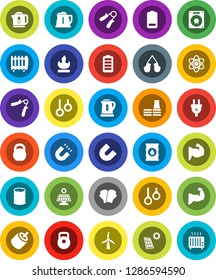 White Solid Icon Set- kettle vector, atom, magnet, weight, hand trainer, muscule, boxing glove, gymnast rings, flammable, oil barrel, battery, rca, solar panel, windmill, factory, power plug, heater