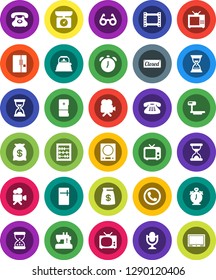 White Solid Icon Set- kettle vector, glasses, alarm clock, abacus, sand, phone, big scales, film frame, tv, video camera, microphone, classic, fridge, money bag, closed, kitchen, sewing machine