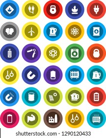 White Solid Icon Set- kettle vector, atom, magnet, weight, hand trainer, muscule, boxing glove, gymnast rings, flammable, oil barrel, remote control, battery, rca, solar panel, windmill, factory