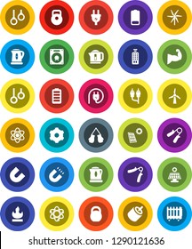 White Solid Icon Set- kettle vector, atom, magnet, weight, hand trainer, muscule, boxing glove, gymnast rings, flammable, remote control, battery, rca, gear, solar panel, windmill, power plug
