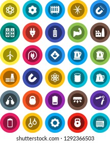 White Solid Icon Set- kettle vector, atom, magnet, weight, hand trainer, muscule, boxing glove, gymnast rings, flammable, oil barrel, remote control, battery, gear, windmill, air conditioner, heater