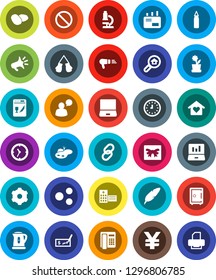 White Solid Icon Set- kettle vector, potato, pen, microscope, laptop graph, check, clock, safe, yen sign, punching bag, boxing glove, prohibition, speaking man, notebook pc, link, hospital building
