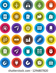 White Solid Icon Set- kettle vector, atom, magnet, weight, hand trainer, muscule, boxing glove, gymnast rings, oil barrel, remote control, battery, rca, gear, solar panel, windmill, air conditioner