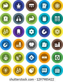 White Solid Icon Set- kettle vector, atom, magnet, muscule hand, boxing glove, gymnast rings, flammable, oil barrel, battery, rca, gear, solar panel, windmill, air conditioner, factory, speaker