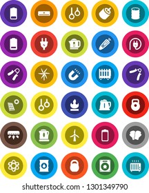 White Solid Icon Set- kettle vector, atom, magnet, weight, hand trainer, boxing glove, gymnast rings, flammable, oil barrel, remote control, battery, rca, solar panel, windmill, air conditioner