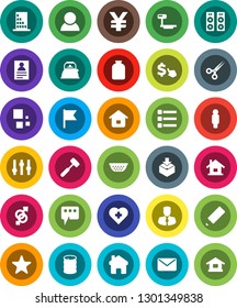 White Solid Icon Set- kettle vector, colander, meat hammer, jar, pencil, personal information, flag, manager, man, dollar cursor, yen sign, heart cross, package, oil barrel, big scales, settings