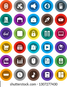 White Solid Icon Set- kettle vector, copybook, glasses, case, table lamp, music, annual report, clock, stadium, earth, satellite, speaker, equalizer, video camera, play button, backward, hdmi, barn