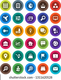 White Solid Icon Set- kettle vector, scales, cook timer, cereal, cake, molecule, flag, bank, graph, calculator, money search, shorts, client, no trolley, dialog, monitor, notebook pc, magnifier, key
