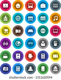 White Solid Icon Set- kettle vector, copybook, glasses, case, calculator, music, calendar, skateboard, earth, package, tv, video camera, internet, mobile phone, notebook pc, globe, fireplace, cart
