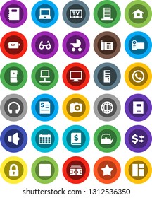 White Solid Icon Set- kettle vector, copybook, glasses, notebook pc, world, exchange, annual report, calendar, stadium, camera, speaker, tv, video, headphones, monitor, backward button, network