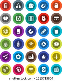 White Solid Icon Set- kettle vector, atom, magnet, weight, hand trainer, boxing glove, flammable, oil barrel, remote control, battery, rca, gear, solar panel, windmill, air conditioner, factory
