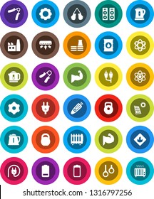 White Solid Icon Set- kettle vector, atom, weight, hand trainer, muscule, boxing glove, gymnast rings, flammable, oil barrel, remote control, battery, rca, gear, solar panel, air conditioner, heater