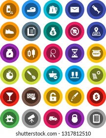 White Solid Icon Set- kettle vector, skimmer, blender, cereal, telescope, japanese candle, money bag, dollar shield, measuring, stopwatch, pills vial, jump rope, snickers, no fastfood, navigator