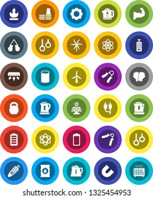 White Solid Icon Set- kettle vector, atom, magnet, weight, hand trainer, muscule, boxing glove, gymnast rings, flammable, oil barrel, remote control, battery, rca, gear, solar panel, windmill