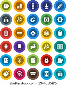 White Solid Icon Set- kettle vector, atom, magnet, weight, muscule hand, boxing glove, gymnast rings, flammable, oil barrel, remote control, battery, rca, gear, windmill, air conditioner, factory