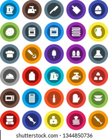 White Solid Icon Set- kettle vector, cook hat, glove, towel, timer, ladle, knife, cutting board, grater, toaster, microwave oven, double boiler, cookbook, spices, blender, plates, jug, dish, jar
