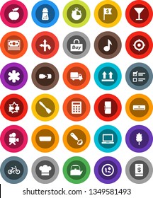 White Solid Icon Set- kettle vector, cook hat, spatula, ladle, hand mill, cereal, notebook pc, music, exam, target, dollar flag, diet, stopwatch, bike, route, money, delivery, glass, top sign, hdmi