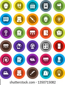 White Solid Icon Set- kettle vector, mixer, oven, double boiler, table lamp, rca, windmill, air conditioner, fridge, power plug, iron, blender, epilator, fan, heater, bulb