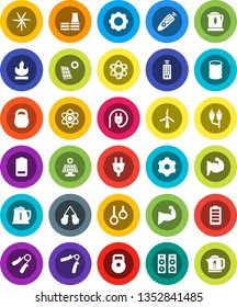 White Solid Icon Set- kettle vector, atom, weight, hand trainer, muscule, boxing glove, gymnast rings, flammable, oil barrel, remote control, battery, rca, gear, solar panel, windmill, factory