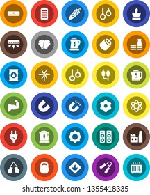 White Solid Icon Set- kettle vector, atom, magnet, weight, hand trainer, muscule, boxing glove, gymnast rings, flammable, oil barrel, remote control, battery, rca, gear, windmill, air conditioner