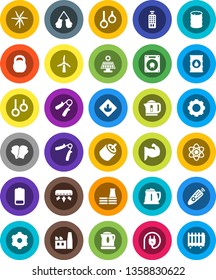 White Solid Icon Set- kettle vector, atom, weight, hand trainer, muscule, boxing glove, gymnast rings, flammable, oil barrel, remote control, battery, rca, gear, solar panel, windmill, factory