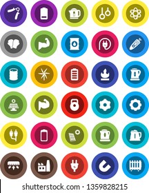 White Solid Icon Set- kettle vector, atom, magnet, weight, hand trainer, muscule, boxing glove, gymnast rings, flammable, oil barrel, remote control, battery, rca, gear, solar panel, windmill