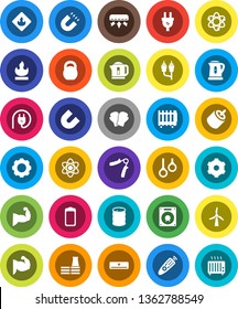 White Solid Icon Set- kettle vector, atom, magnet, weight, hand trainer, muscule, boxing glove, gymnast rings, flammable, oil barrel, remote control, battery, rca, gear, windmill, air conditioner