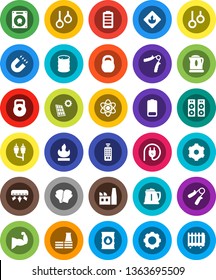 White Solid Icon Set- kettle vector, atom, magnet, weight, hand trainer, muscule, boxing glove, gymnast rings, flammable, oil barrel, remote control, battery, rca, gear, solar panel, air conditioner