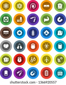 White Solid Icon Set- kettle vector, atom, magnet, weight, hand trainer, muscule, boxing glove, gymnast rings, flammable, oil barrel, remote control, battery, gear, solar panel, windmill, factory