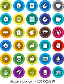 White Solid Icon Set- kettle vector, atom, magnet, weight, hand trainer, muscule, boxing glove, flammable, oil barrel, battery, rca, gear, solar panel, windmill, air conditioner, power plug, speaker
