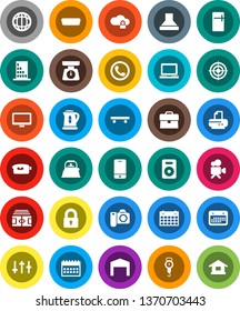 White Solid Icon Set- kettle vector, scales, notebook pc, world, case, calendar, stadium, skateboard, target, settings, video camera, mobile phone, monitor, speaker, hdmi, cloud lock, barn, building