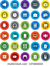White Solid Icon Set- kettle vector, case, calculator, clock, man, calendar, skateboard, camera, speaker, tv, video, mobile phone, headphones, monitor, globe, barn, office building, lock, fireplace