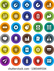 White Solid Icon Set- kettle vector, atom, magnet, weight, hand trainer, muscule, boxing glove, gymnast rings, flammable, oil barrel, remote control, battery, rca, gear, solar panel, windmill