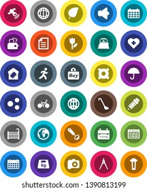 White Solid Icon Set- kettle vector, ladle, pencil, drawing compass, backpack, schedule, world, document, leaf, calendar, any currency, bike, heart cross, run, earth, umbrella, tulip, weight, camera
