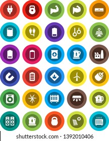 White Solid Icon Set- kettle vector, magnet, weight, muscule hand, gymnast rings, flammable, oil barrel, battery, rca, solar panel, windmill, air conditioner, factory, power plug, speaker, heater