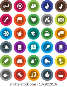 White Solid Icon Set- kettle vector, apron, turk coffee, dish, chicken leg, pencil, blackboard, music, annual report, shorts, roller Skates, no fastfood, satellite, wood box, tulip, package, group