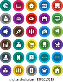White Solid Icon Set- kettle vector, mixer, annual report, man, skateboard, calendar, dry cargo, package, speaker, settings, equalizer, video camera, mobile phone, notebook pc, hdmi, globe, barn