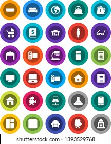White Solid Icon Set- kettle vector, copybook, glasses, table lamp, annual report, calculator, man, earth, video camera, mobile phone, notebook pc, backward button, hdmi, network, barn, home, fridge