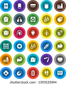 White Solid Icon Set- kettle vector, magnet, hand trainer, muscule, boxing glove, gymnast rings, flammable, oil barrel, remote control, battery, rca, gear, solar panel, windmill, air conditioner