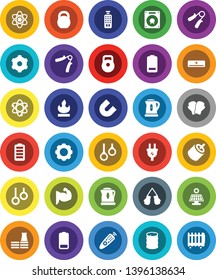 White Solid Icon Set- kettle vector, atom, magnet, weight, hand trainer, muscule, boxing glove, gymnast rings, flammable, oil barrel, remote control, battery, rca, gear, solar panel, air conditioner