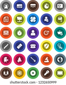 White Solid Icon Set- knife vector, mixer, atom, microscope, bell, world, document, japanese candle, crisis, stopwatch, money, calendar, disk, microphone, video camera, classic phone, patch, shield