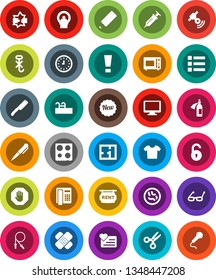 White Solid Icon Set- knife vector, microwave oven, pencil, glasses, pen, scissors, clock, jump rope, heart monitor, no hook, satellitie, syringe, patch, microbs, tomography, potion, disconnection