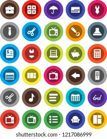 White Solid Icon Set- ladle vector, glasses, scissors, abacus, music, piggy bank, case, annual report, tie, calendar, swimsuite, umbrella, tv, menu, arrow, cushioned furniture, calculator, hood