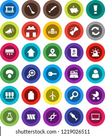 White Solid Icon Set- ladle vector, blender, jar, mushroom, school building, certificate, flask, piggy bank, arrow up, map pin, support, film frame, dna, magnifier, broken bone, bandage, server, key