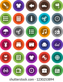 White Solid Icon Set- ladle vector, mixer, glasses, scissors, abacus, music, case, clock, tie, snickers, shorts, swimsuite, t shirt, target, umbrella, radio, satellitie, menu, arrow, calculator, tv