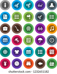 White Solid Icon Set- ladle vector, mixer, glasses, scissors, abacus, music, case, annual report, clock, tie, calendar, shorts, swimsuite, t shirt, target, umbrella, satellitie, menu, arrow, hood