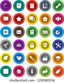 White Solid Icon Set- ladle vector, book, magnet, molecule, leaf, man, dollar flag, tie, muscule hand, heart cross, bone, document, dialog, play button, stop, scissors, cloud network, loading, house